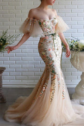 Off-The-Shoulder Mermaid Strapless Flowers Evening Dress Beadings with Appliques